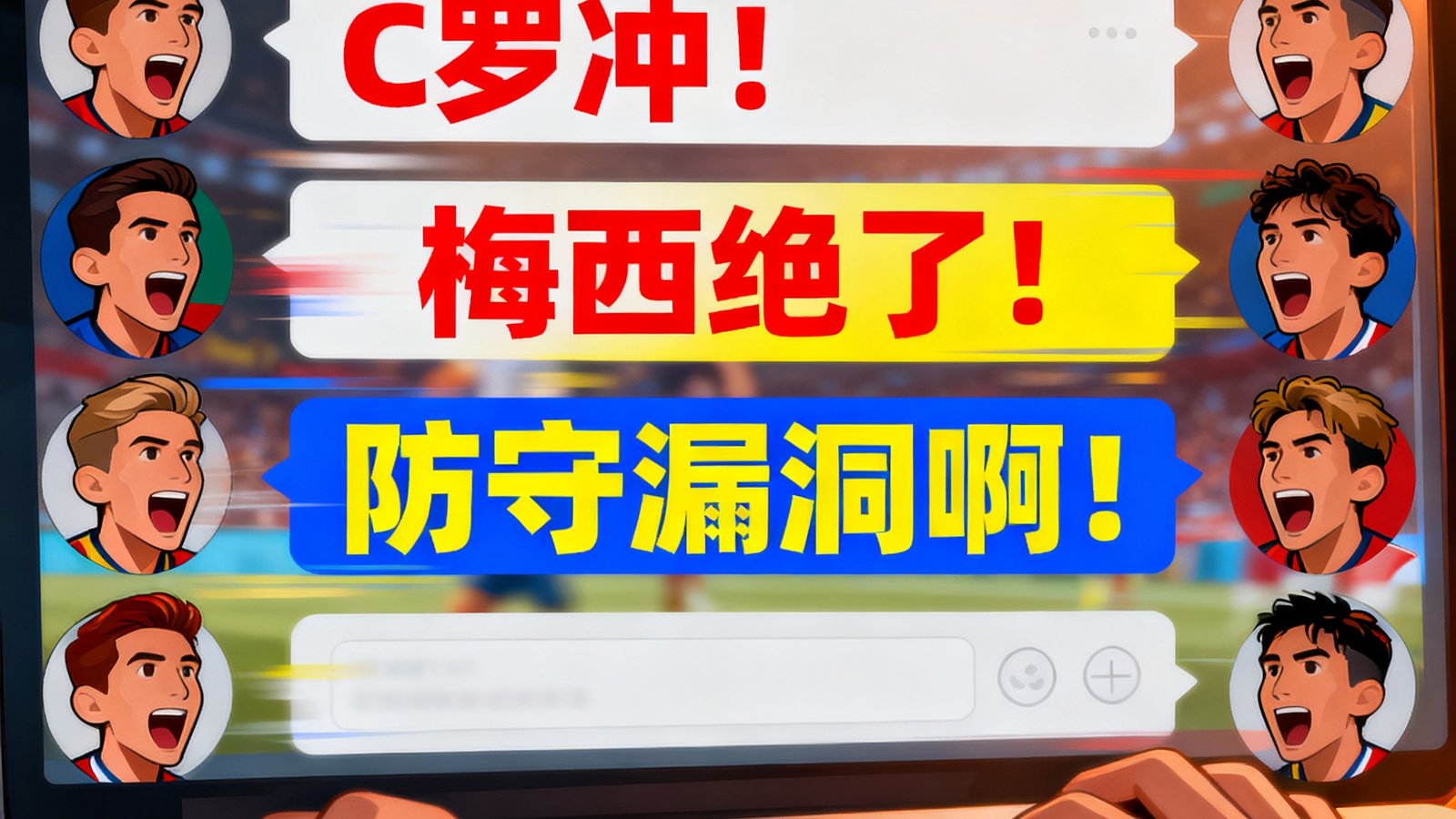 球迷在世界杯社区聊天室热烈讨论比赛，实时弹幕滚动